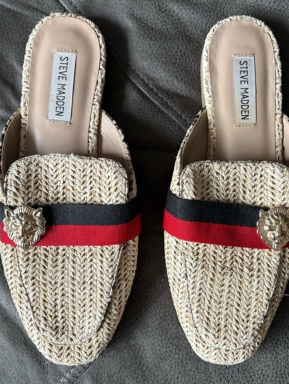 Steve Madden Karisma Lion Embellished Mules Raffia Slip On Flats Snake Print 8.5
